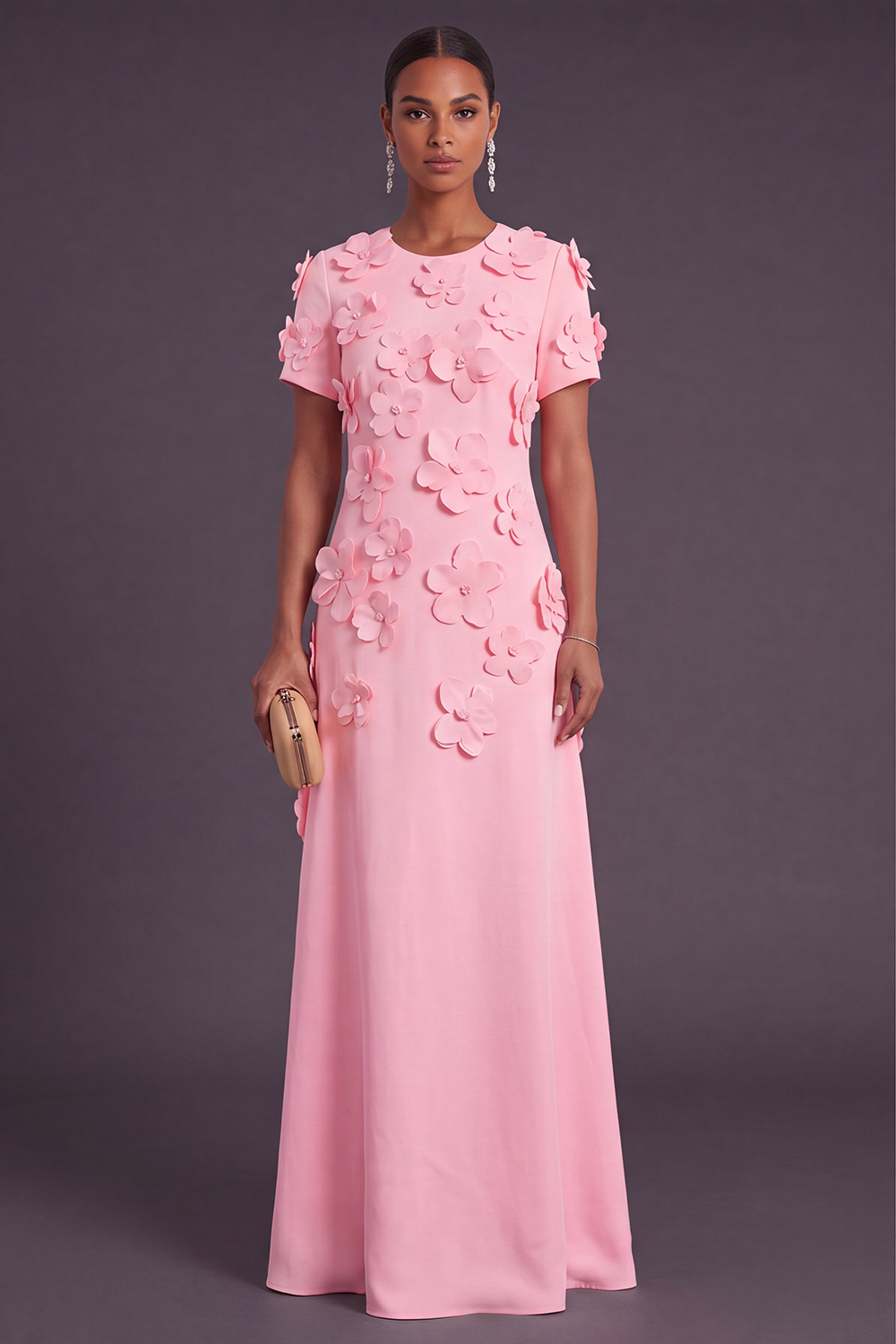 Blue Floral A Line Round Neck Long Formal Dress with Sleeves