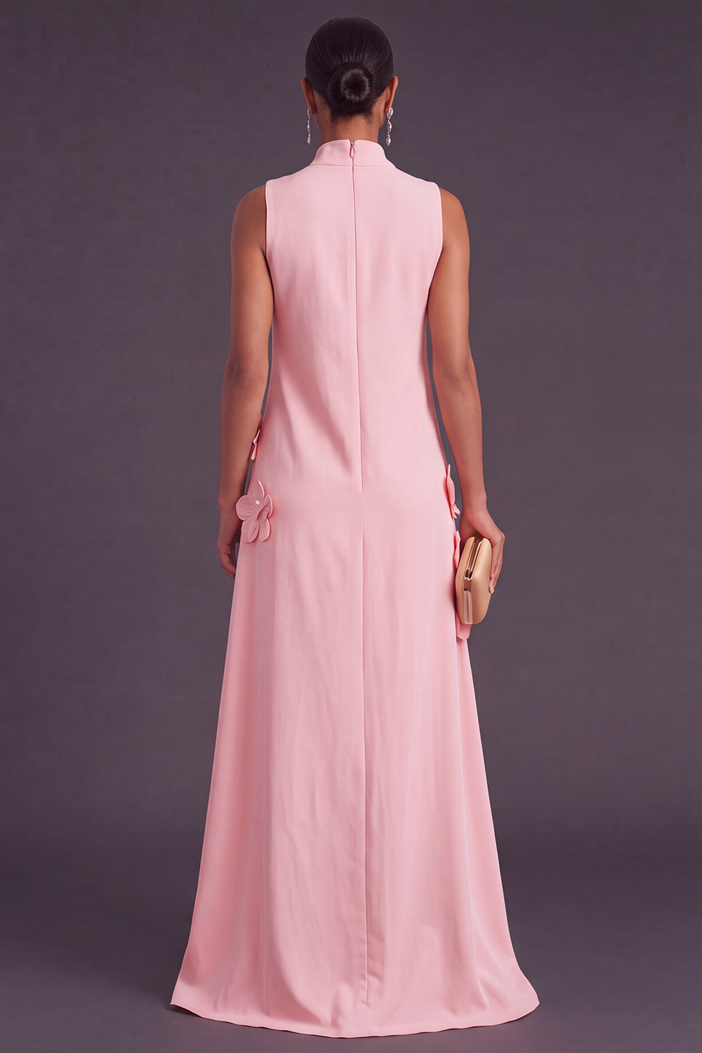 Blue Floral High Neck A Line Long Formal Dress