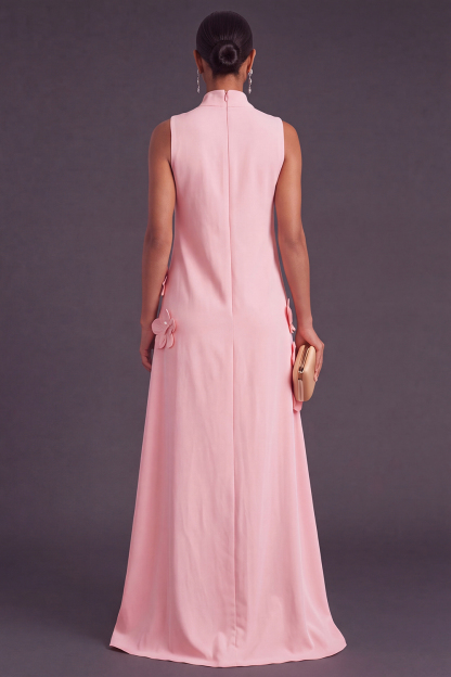 Blue Floral High Neck A Line Long Formal Dress
