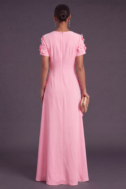 Blue Floral A Line Round Neck Long Formal Dress with Sleeves