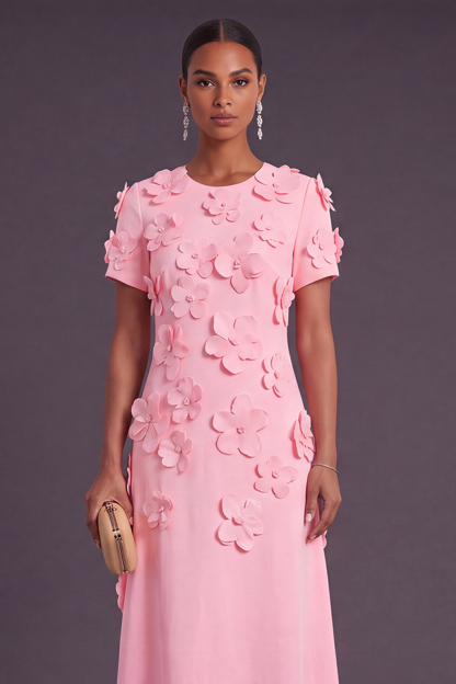 Blue Floral A Line Round Neck Long Formal Dress with Sleeves