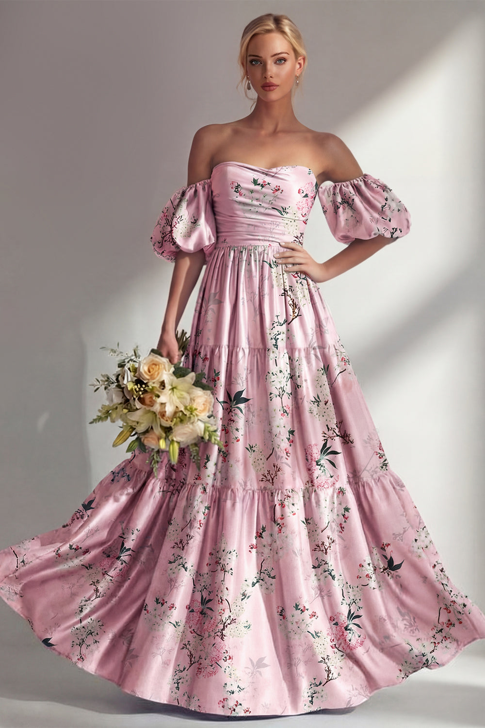 Pink Off the Shoulder Floral Backless Long Bridesmaid Dress