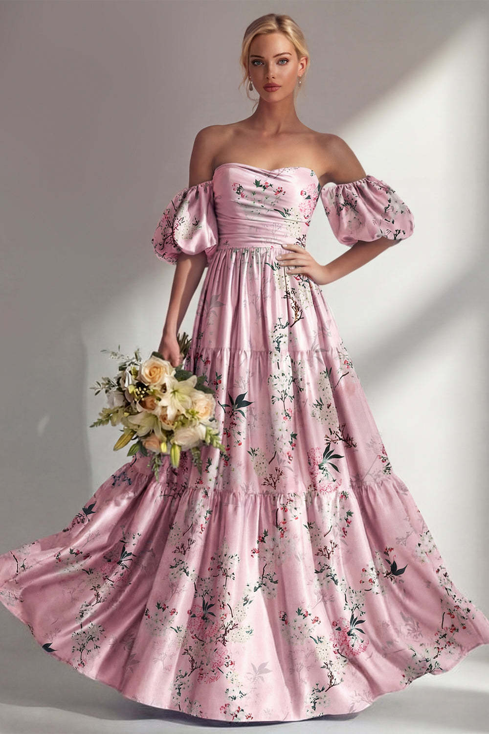 Pink Off the Shoulder Floral Backless Long Bridesmaid Dress