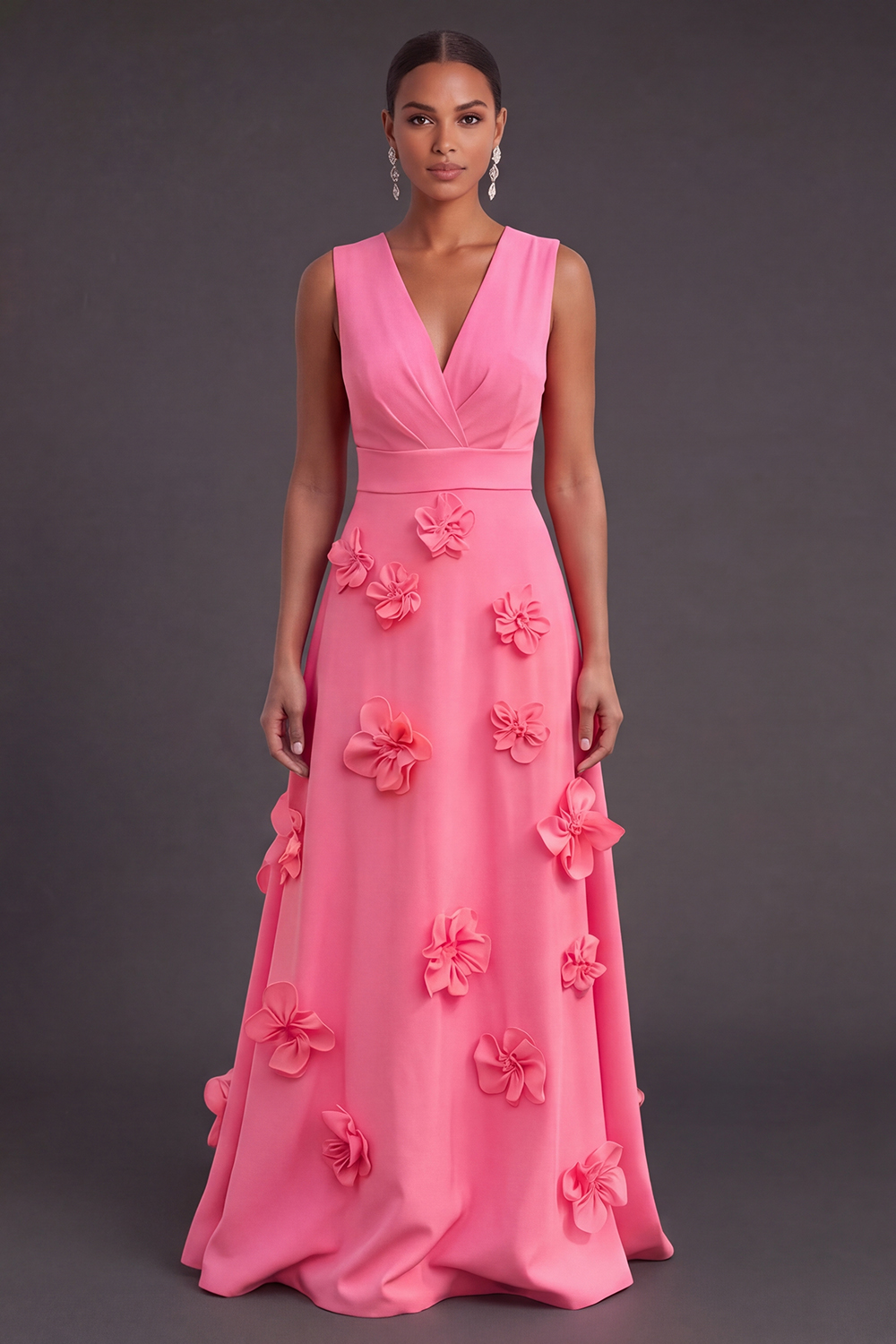 Leely Women Pink Floral Long Black Tie Dress Ruched A Line V-Neck Fall Wedding Guest Dress