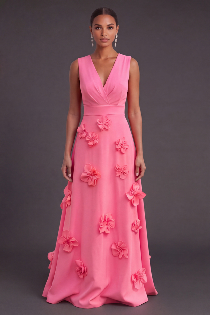 Leely Women Pink Floral Long Black Tie Dress Ruched A Line V-Neck Fall Wedding Guest Dress