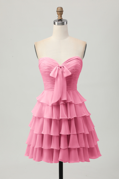 Short Light Yellow Sweetheart Ruffled A Line Tiered Homecoming Dress with Bow