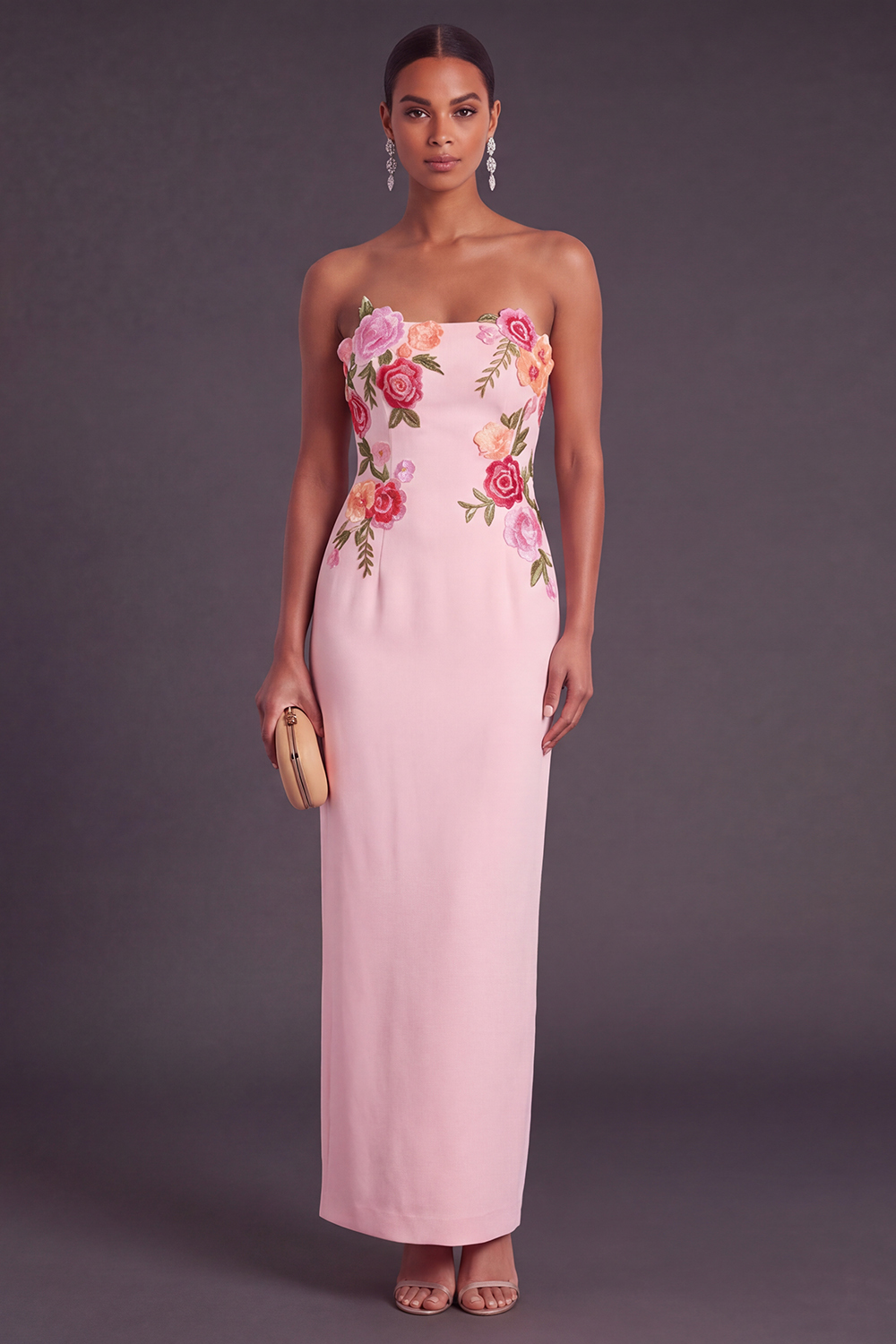 Light Yellow Floral Sheath Strapless Long Wedding Guest Dress