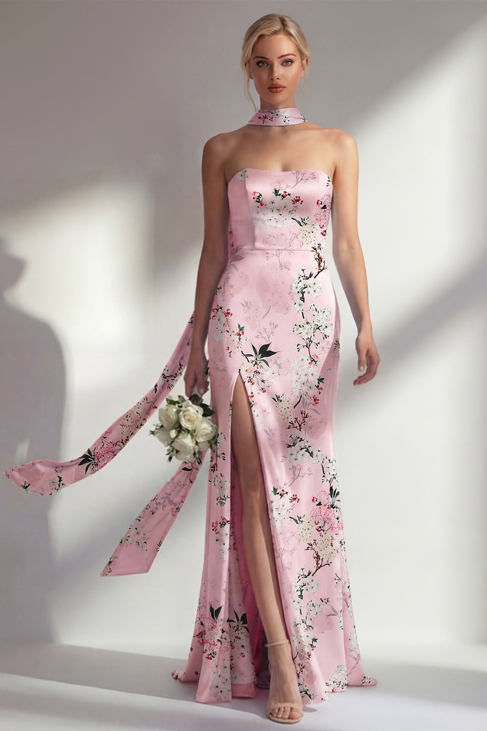 Sheath Pink Floral Strapless Long Bridesmaid Dress with Slit