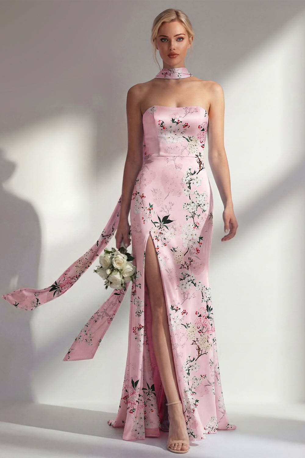 Leely Women Sheath Pink Floral Strapless Long Bridesmaid Dress with Slit Backless Neck Scarf Evening Dress