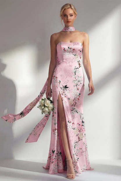 Leely Women Sheath Pink Floral Strapless Long Bridesmaid Dress with Slit Backless Neck Scarf Evening Dress