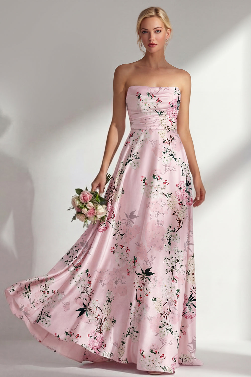 Leely Women Satin Blue Floral Strapless Long Bridesmaid Dress Backless Ruched Sleeveless Wedding Guest Dress