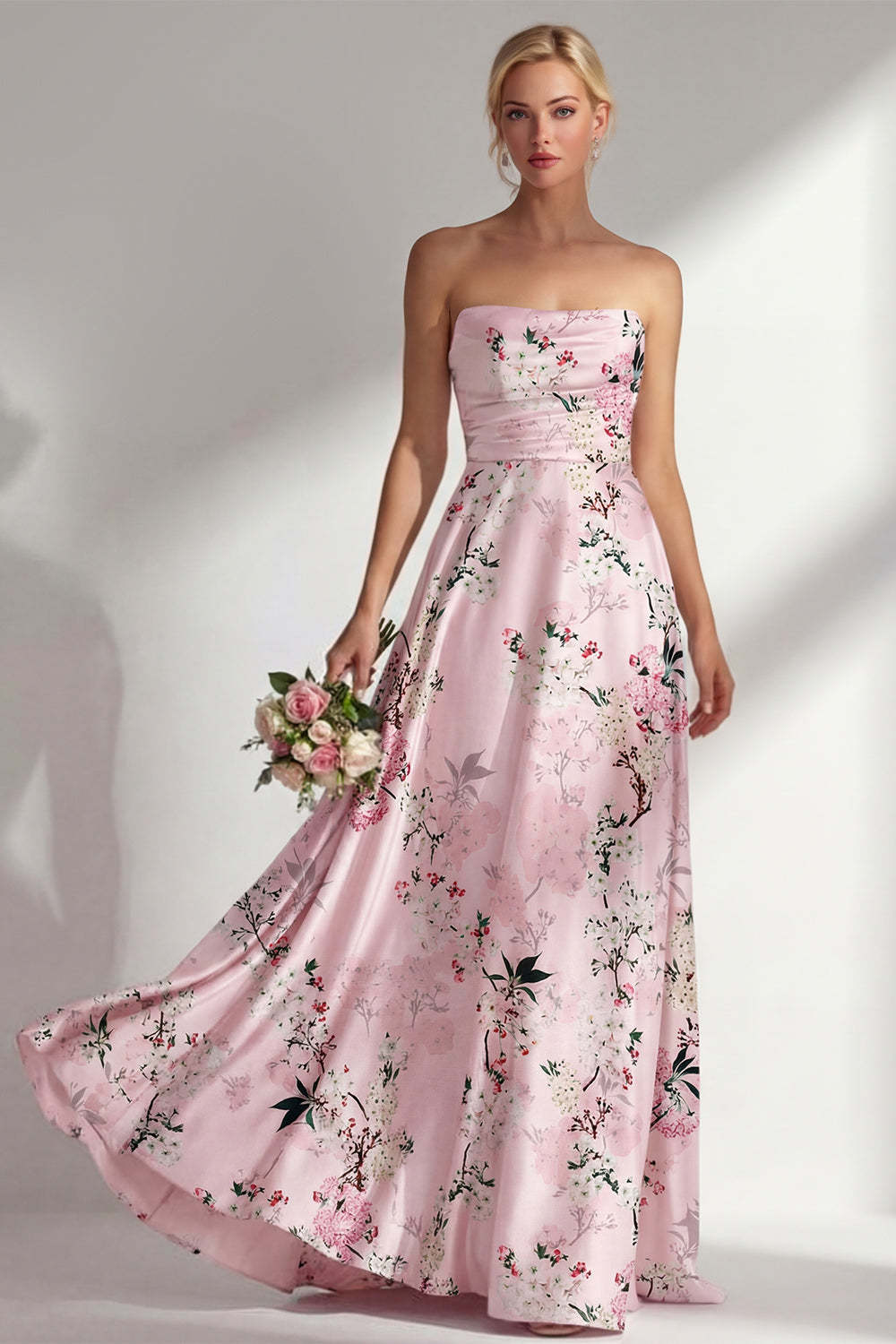 Leely Women Satin Blue Floral Strapless Long Bridesmaid Dress Backless Ruched Sleeveless Wedding Guest Dress