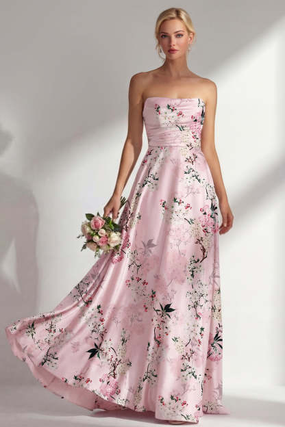 Leely Women Satin Blue Floral Strapless Long Bridesmaid Dress Backless Ruched Sleeveless Wedding Guest Dress