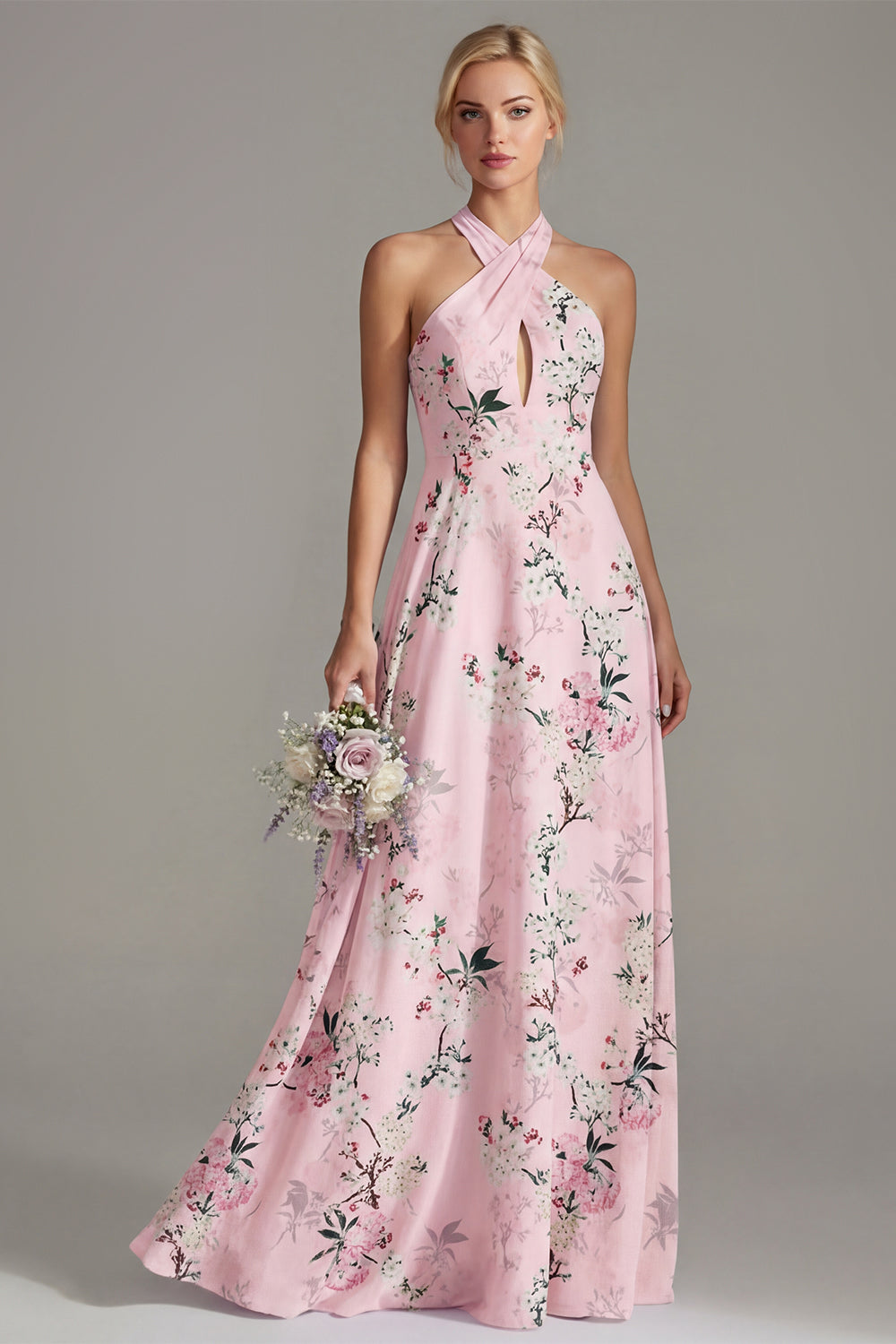 Leely Women Halter Neck A Line Floral Blue Long Bridesmaid Dress Backless Sleeveless Evening Dress