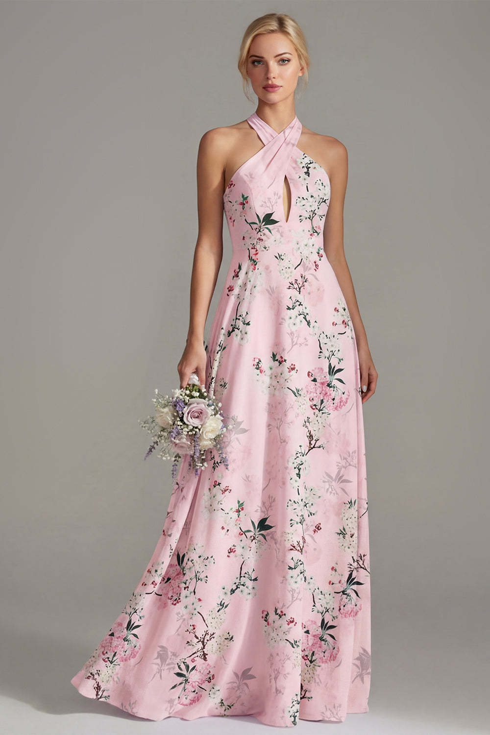 Leely Women Halter Neck A Line Floral Blue Long Bridesmaid Dress Backless Sleeveless Evening Dress