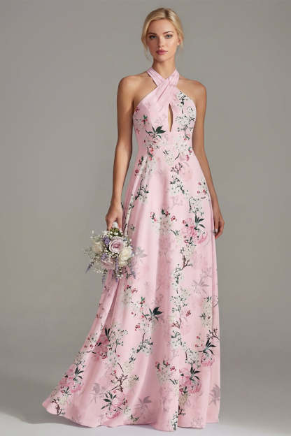 Leely Women Halter Neck A Line Floral Blue Long Bridesmaid Dress Backless Sleeveless Evening Dress