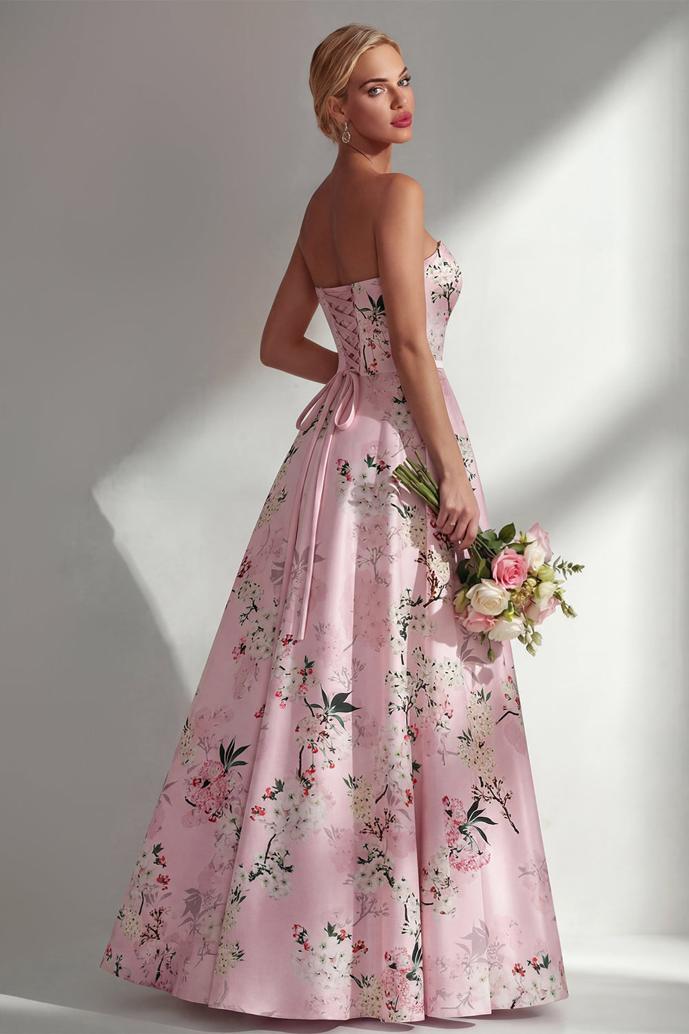 Satin Blue Floral Strapless Backless Long Bridesmaid Dress