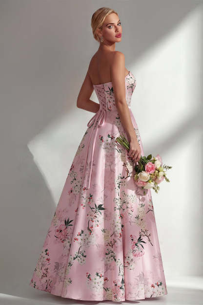 Satin Blue Floral Strapless Backless Long Bridesmaid Dress