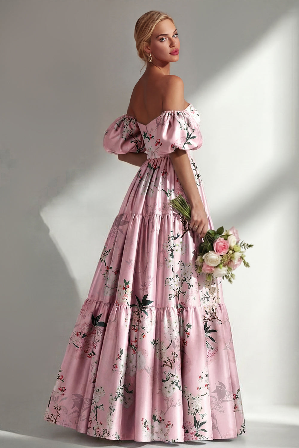 Pink Off the Shoulder Floral Backless Long Bridesmaid Dress