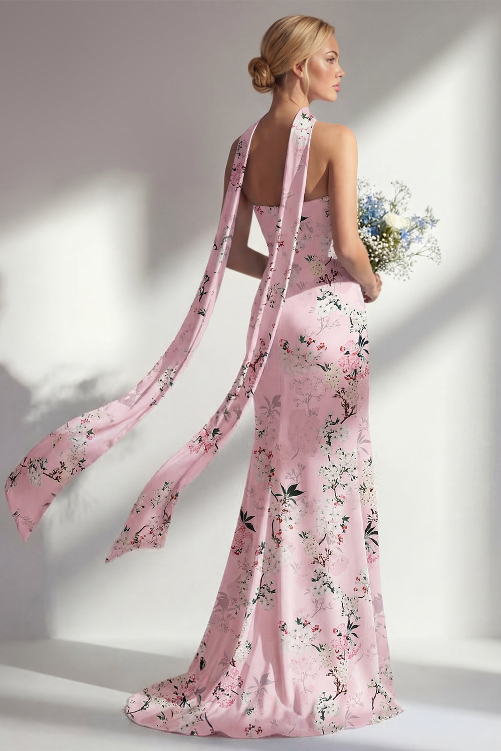 Sheath Pink Floral Strapless Long Bridesmaid Dress with Slit