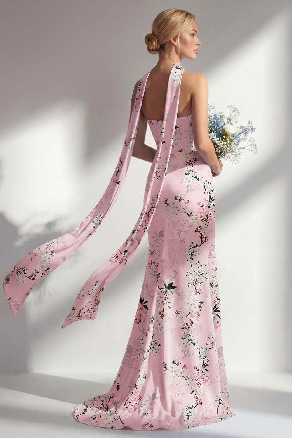 Sheath Pink Floral Strapless Long Bridesmaid Dress with Slit