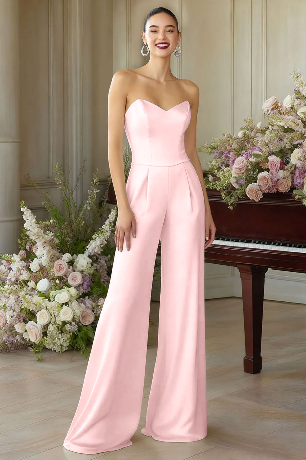 White Sweetheart Wide Leg Formal Jumpsuits