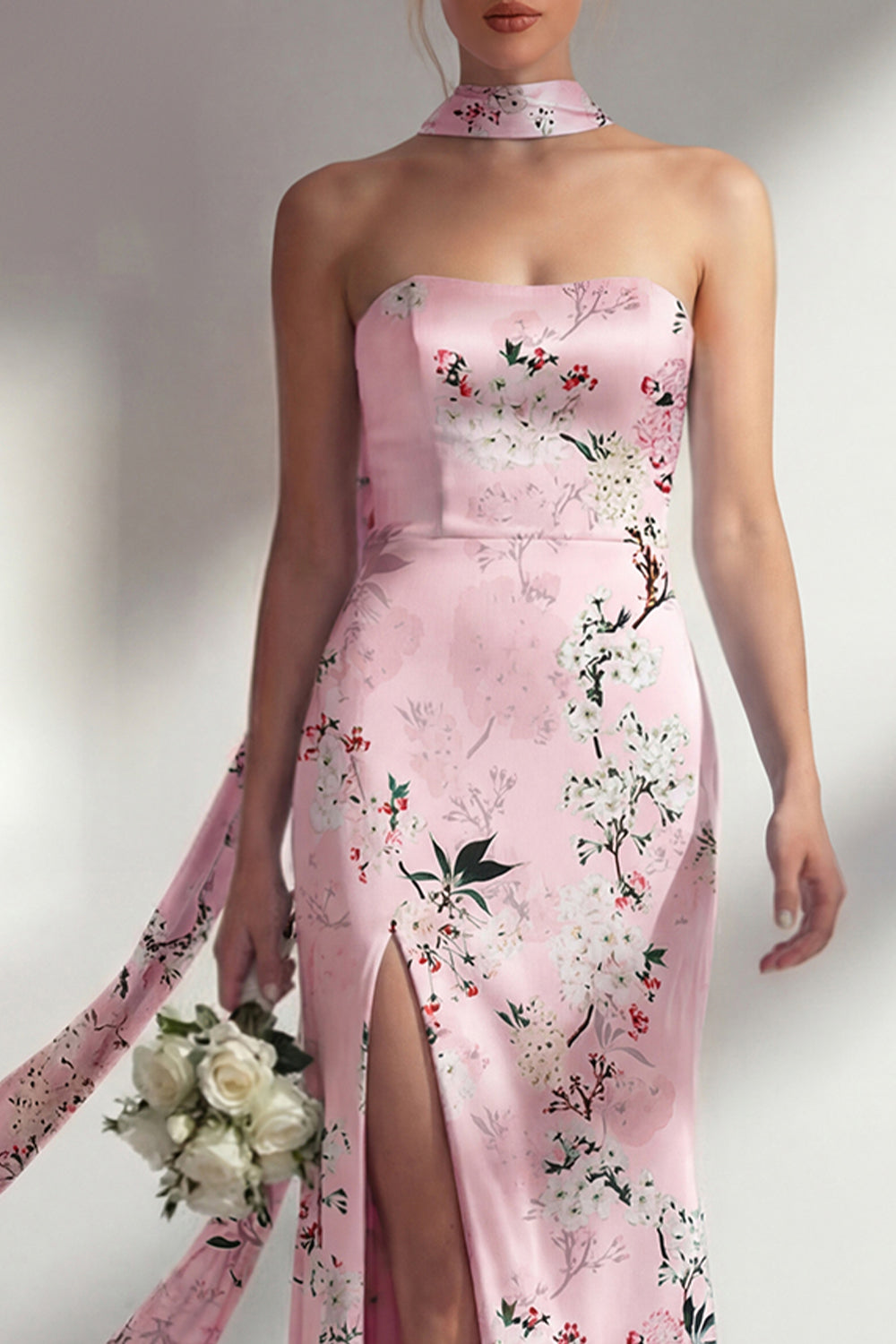 Sheath Pink Floral Strapless Long Bridesmaid Dress with Slit