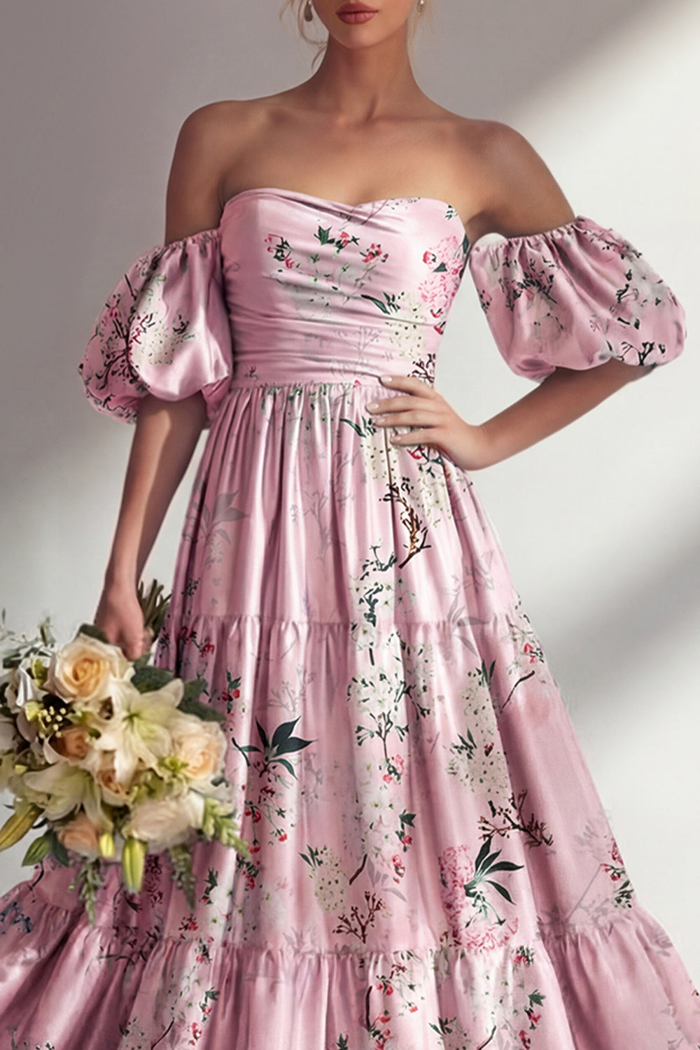 Pink Off the Shoulder Floral Backless Long Bridesmaid Dress