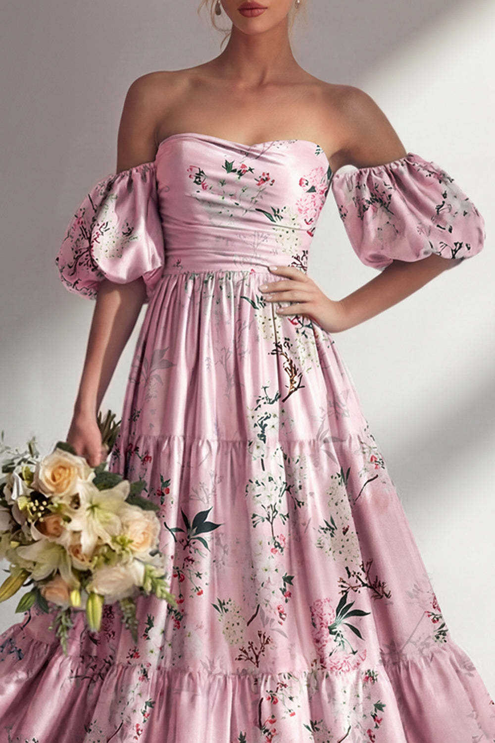 Pink Off the Shoulder Floral Backless Long Bridesmaid Dress