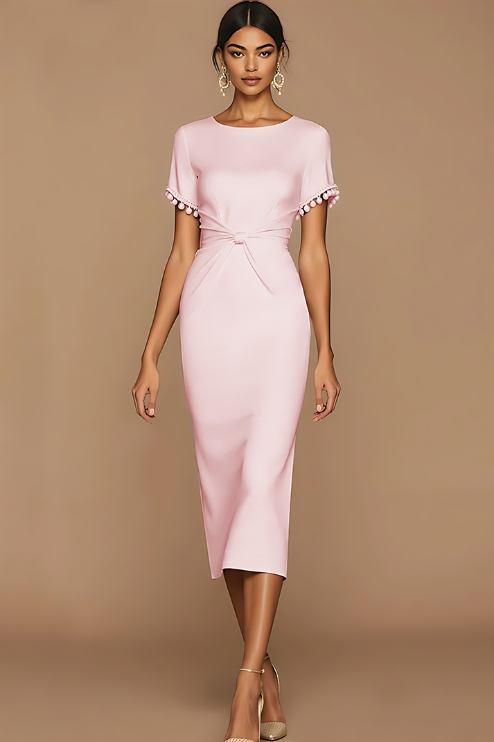 White Bodycon Jewel Neck Midi Wedding Reception Dress with Sleeves