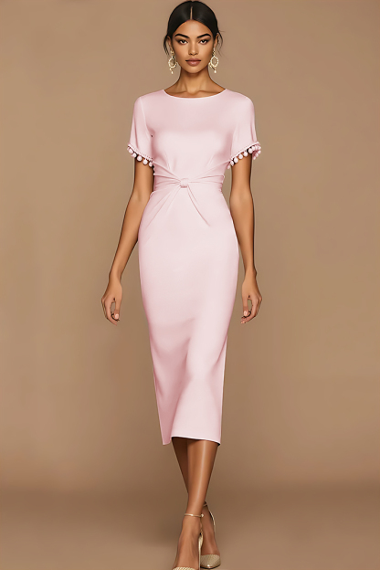 White Bodycon Jewel Neck Midi Wedding Reception Dress with Sleeves