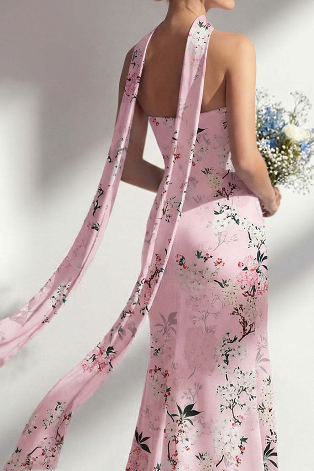 Sheath Pink Floral Strapless Long Bridesmaid Dress with Slit