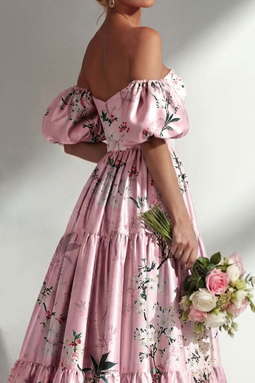 Pink Off the Shoulder Floral Backless Long Bridesmaid Dress
