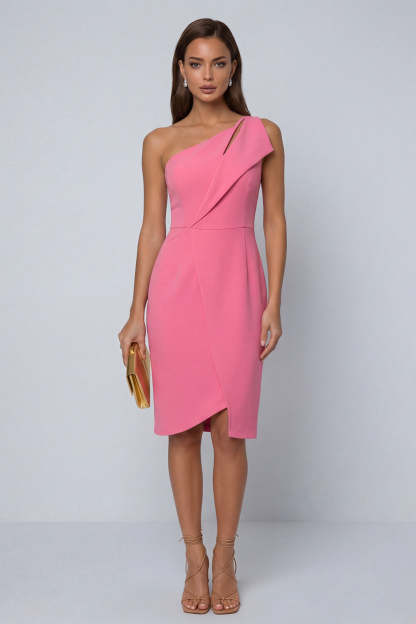 Black Sheath One Shoulder Sleeveless Midi Work Dress with Slit