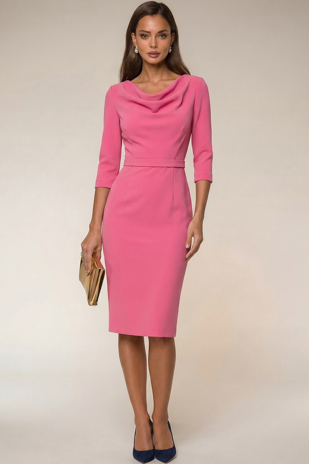 Navy Bodycon Cowl Neck Long Sleeves Midi Work Dress