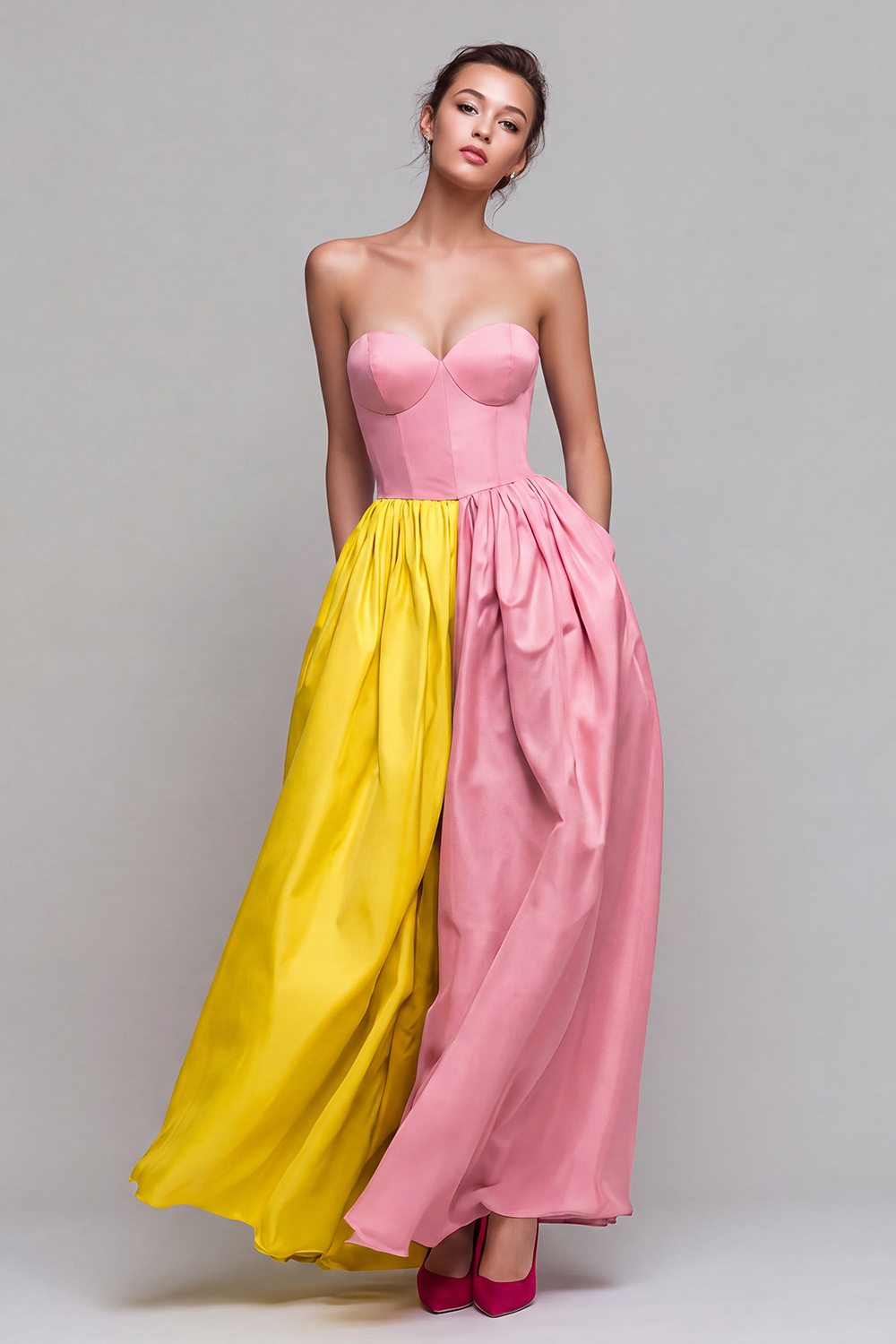 Red and Fuchsia Long Strapless A Line Patchwork Formal Dress