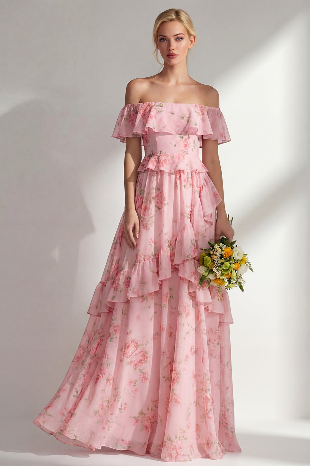 Tiered Blue Pink Floral Off the Shoulder Long Bridesmaid Dress