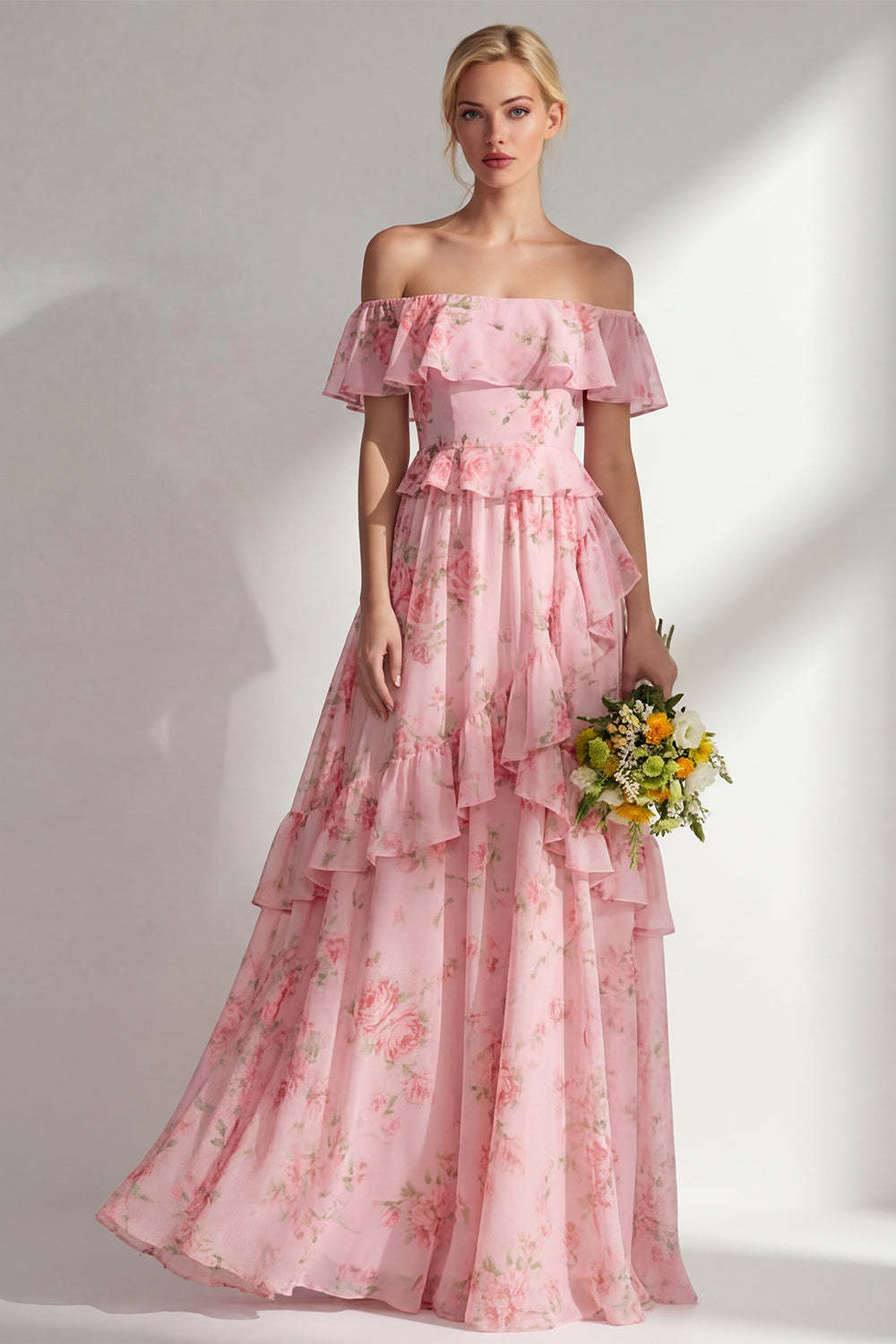Tiered Blue Pink Floral Off the Shoulder Long Bridesmaid Dress