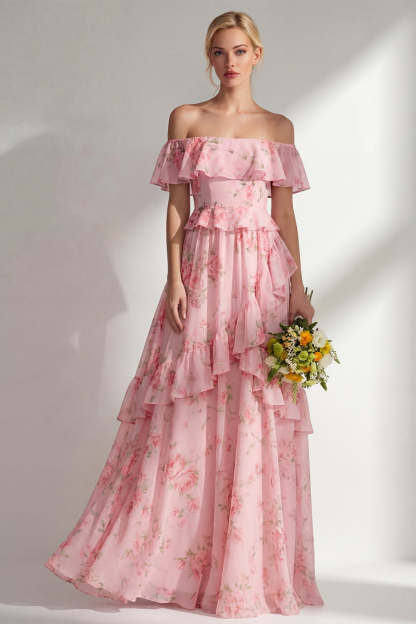 Tiered Blue Pink Floral Off the Shoulder Long Bridesmaid Dress