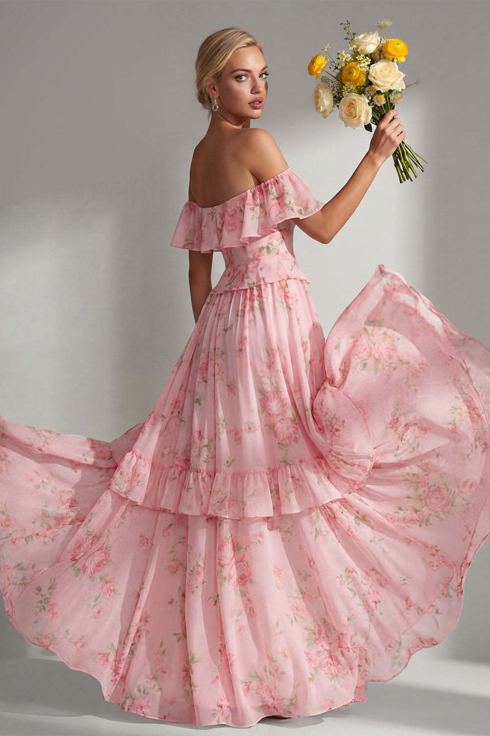 Tiered Blue Pink Floral Off the Shoulder Long Bridesmaid Dress