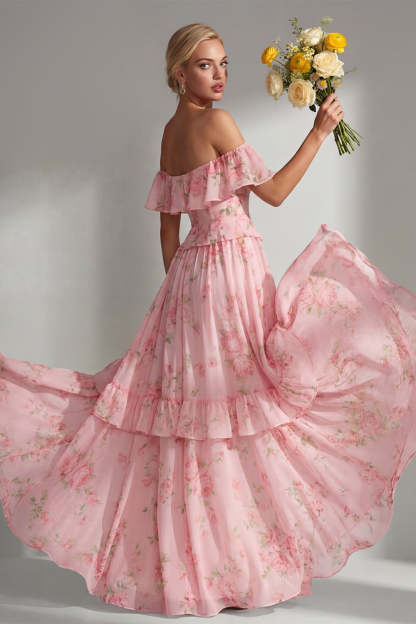 Tiered Blue Pink Floral Off the Shoulder Long Bridesmaid Dress