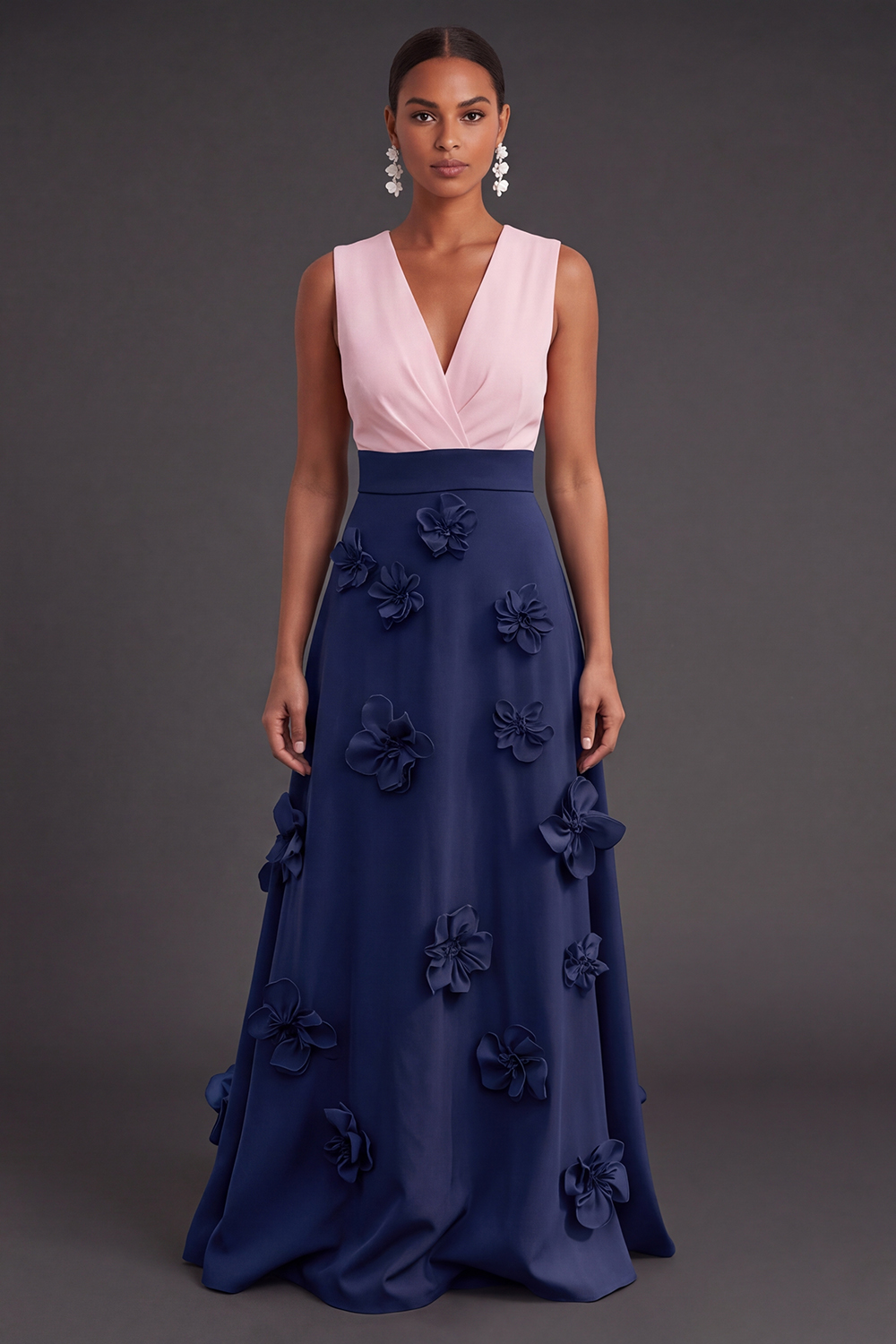 Leely Women Pink and Dark Navy Floral Long Black Tie Dress Ruched A Line V-Neck Fall Wedding Guest Dress