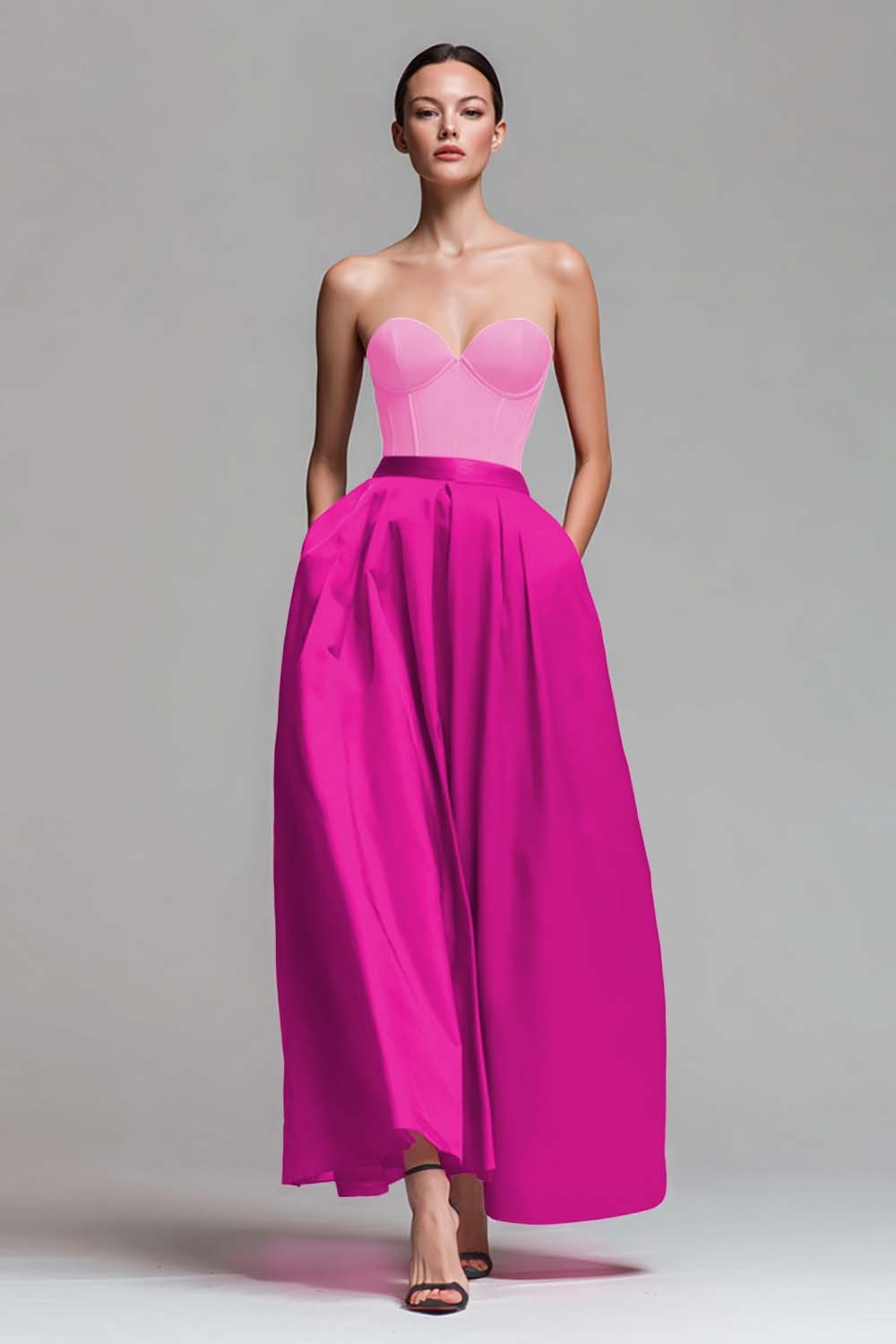 Red and Fuchsia Satin A Line Strapless Maxi Formal Dress