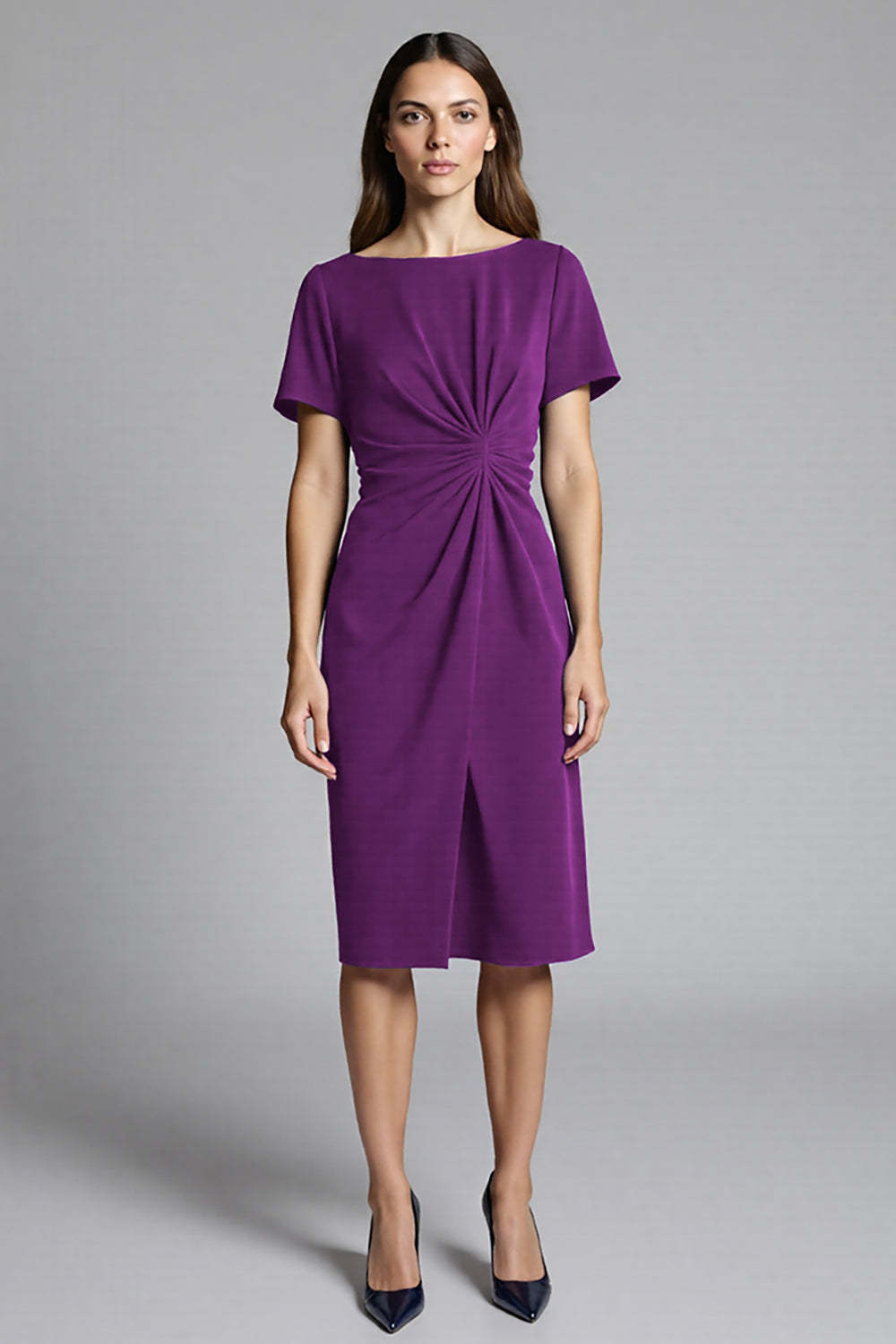 Navy Ruched Bodycon Midi Satin Work Dress