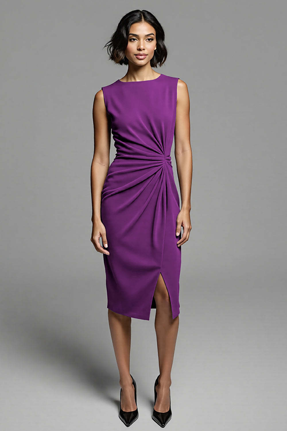 Royal Blue Satin Bodycon Ruched Midi Work Dress with Slit