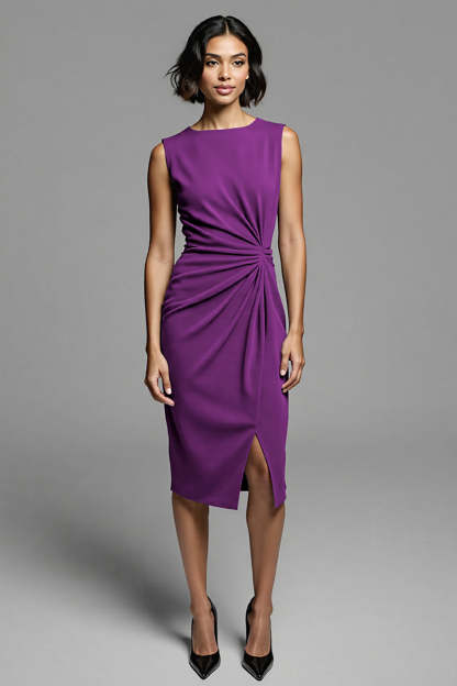 Royal Blue Satin Bodycon Ruched Midi Work Dress with Slit