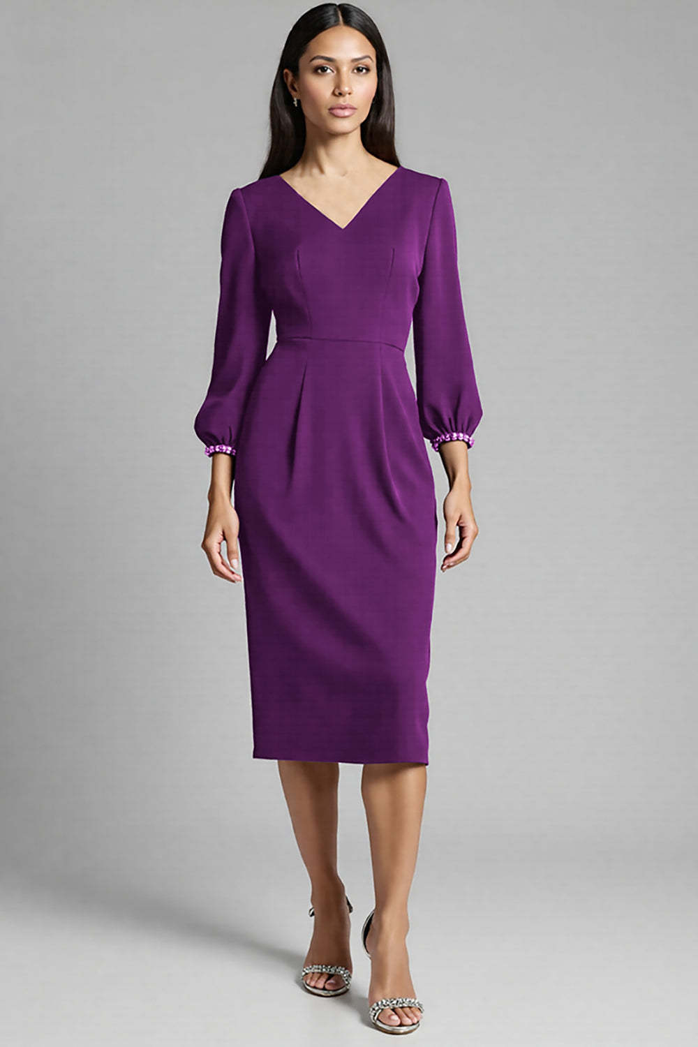 Navy Satin Bodycon V-Neck Midi Work Dress