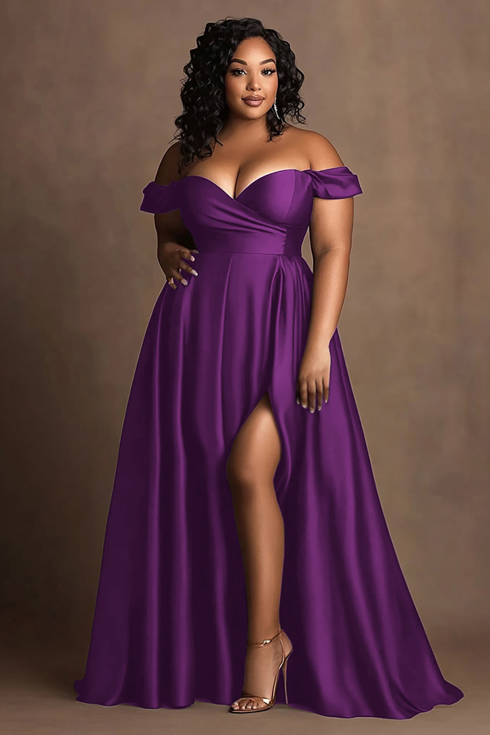 Navy Plus Size Off the Shoulder Long Satin A Line Formal Dress with Slit