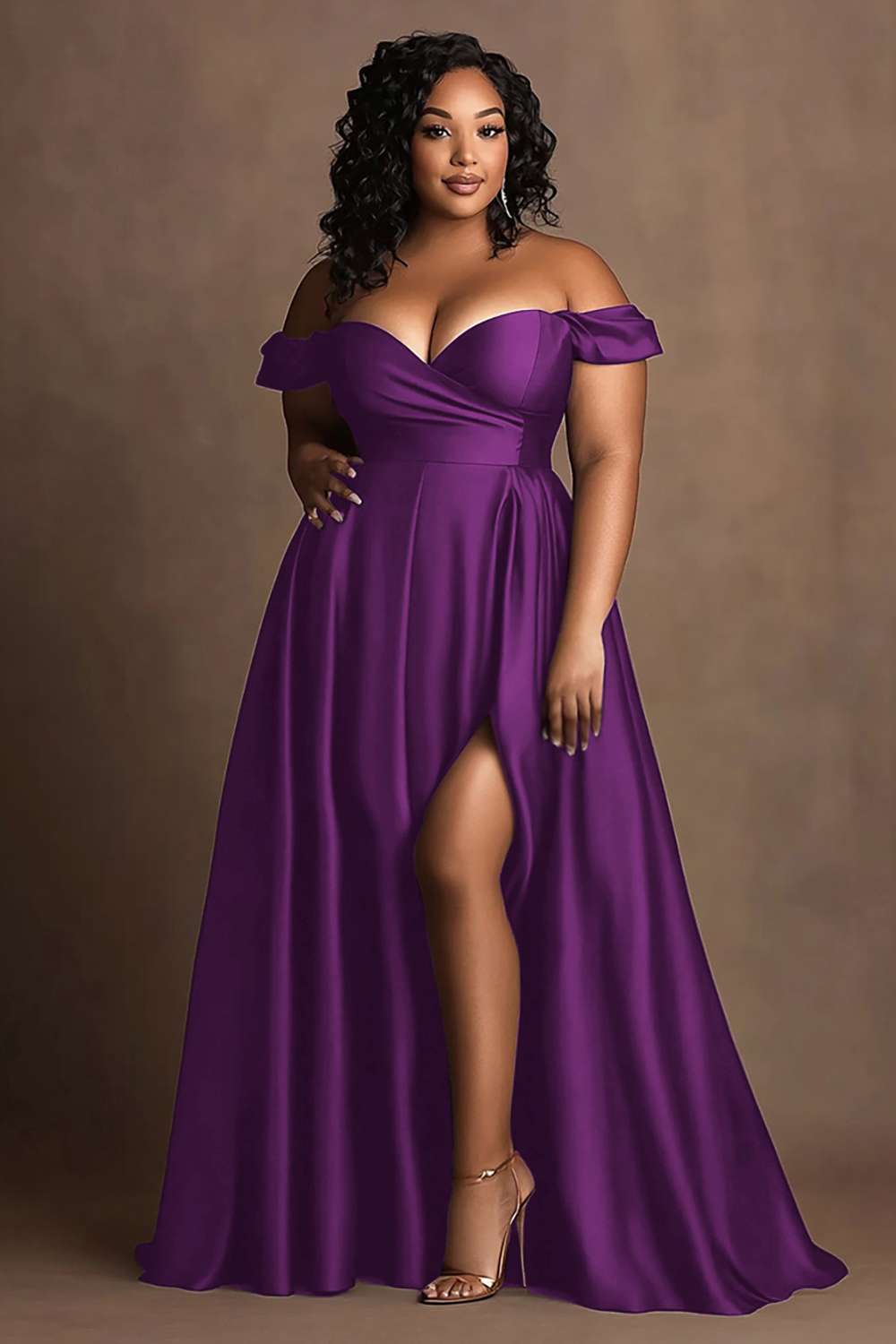 Navy Plus Size Off the Shoulder Long Satin A Line Formal Dress with Slit
