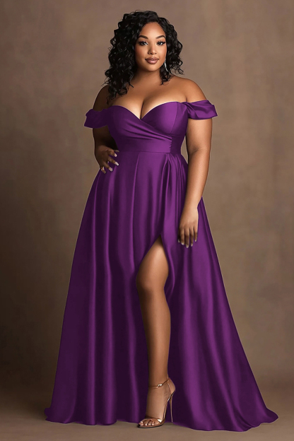 Navy Plus Size Off the Shoulder Long Satin A Line Formal Dress with Slit